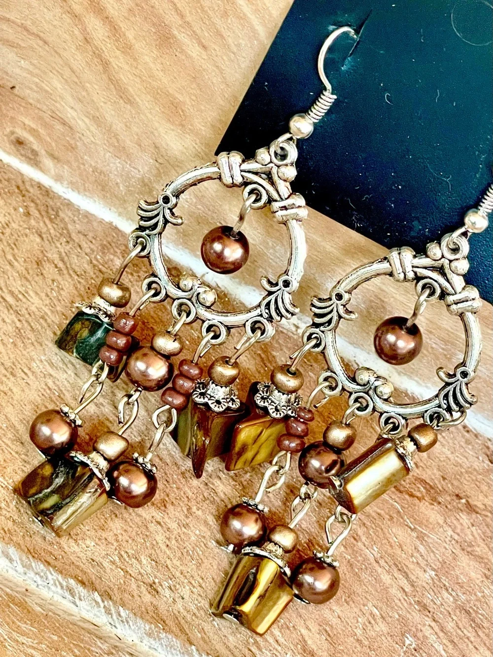 Handcrafted Artisan Boho Brown and Gold Chandelier Earrings in Silver Setting